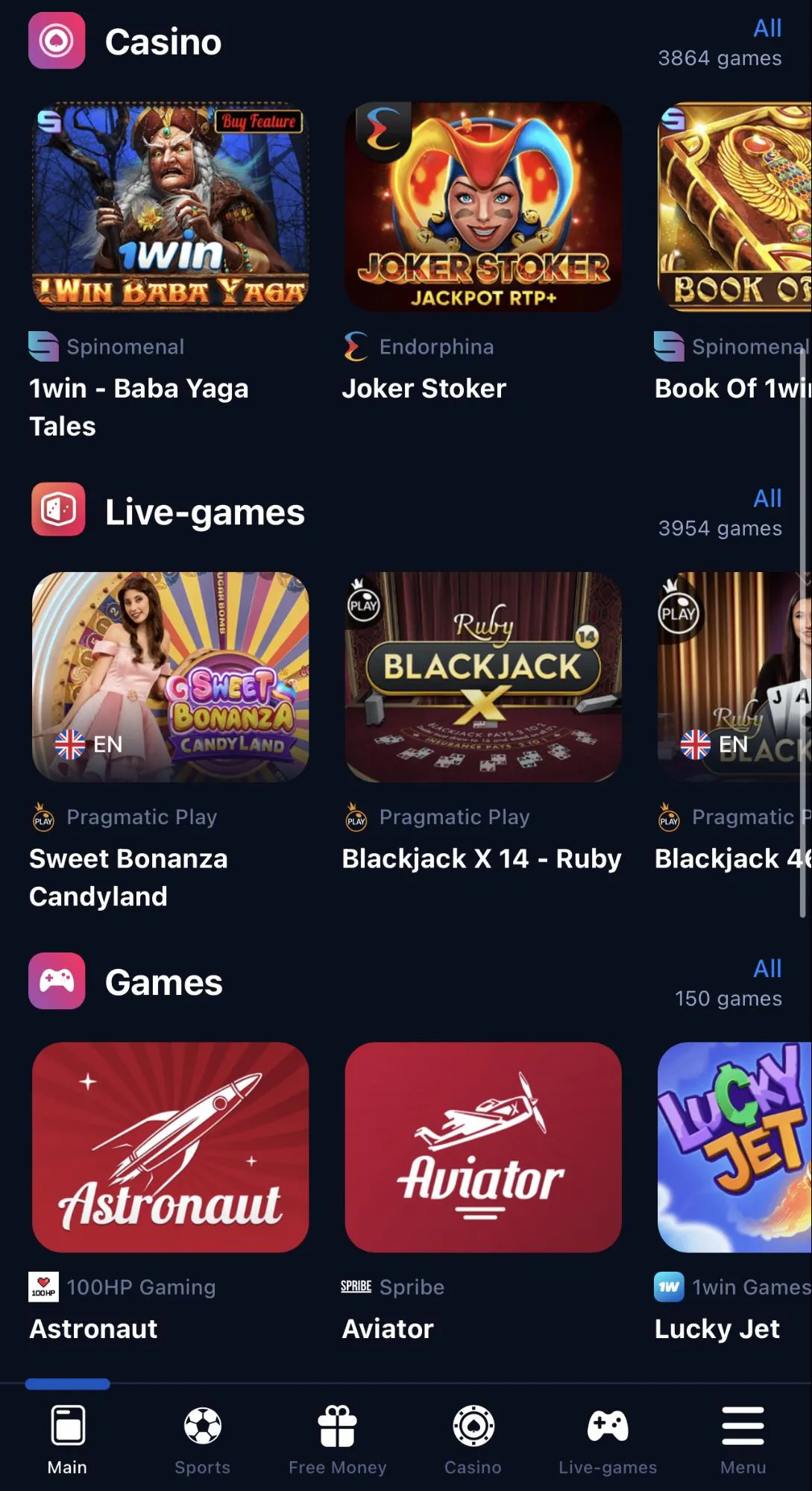 the best games mobile version 1win