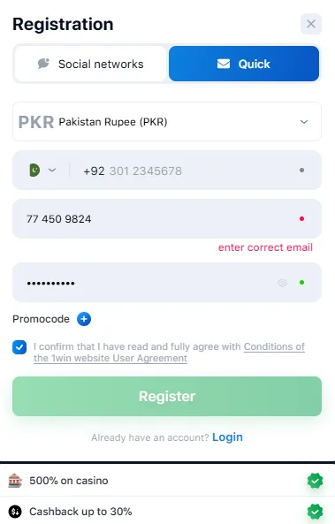 1win mobile registration